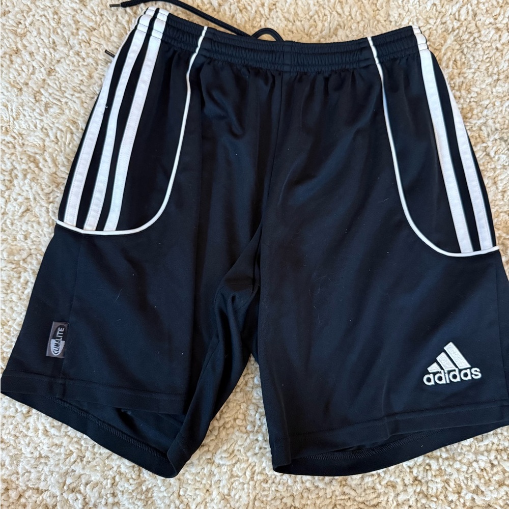 Adidas Women’s Black Soccer Shorts with White Stripes